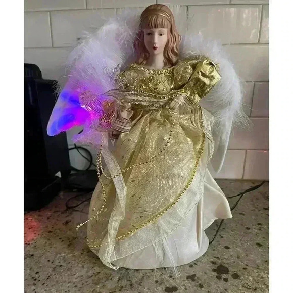 VTG Gold Angel Christmas Tree Topper Light Up WORKING Feather - Picture 8 of 11